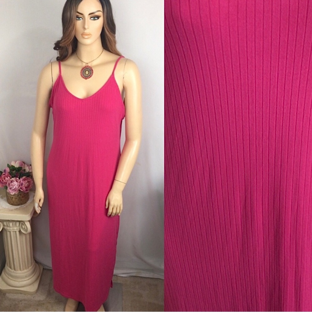 SALE 🔥 2X PLUS Hot Pink Ribbed Maxi Y2K Spaghetti Strap Soft Spring Long Dress